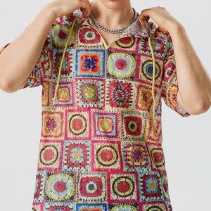 SMALL Mens Colorful Floral Pattern Lace Hooded T-Shirt New With Tag bright color
